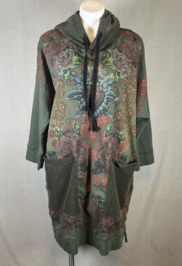 Monthorigin Hoodie Sweatshirt Dress Oversized Midi Green Pockets Abstract Floral